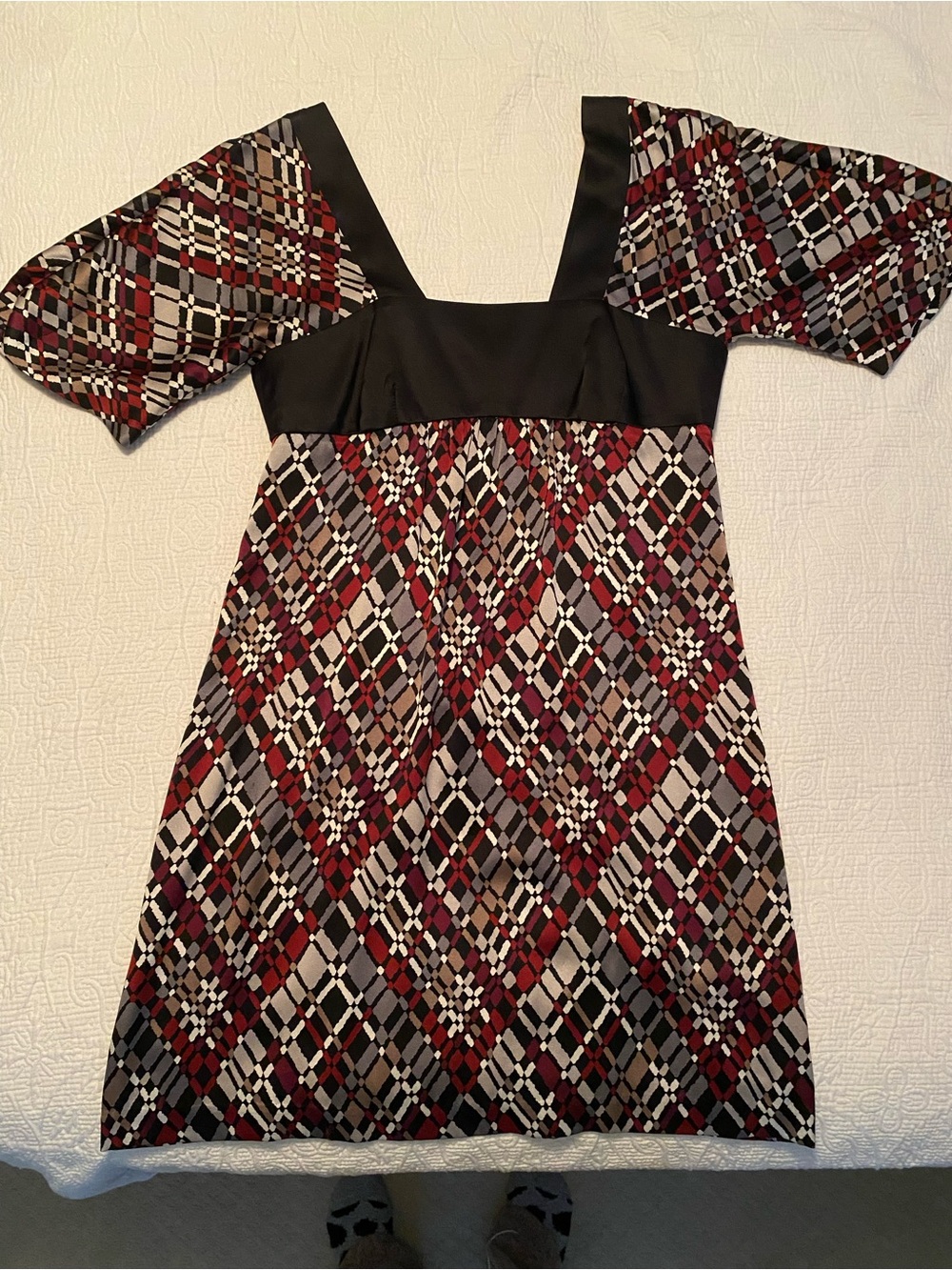 Trina Turk Black, Burgundy and Gray Geometric Midi Dress